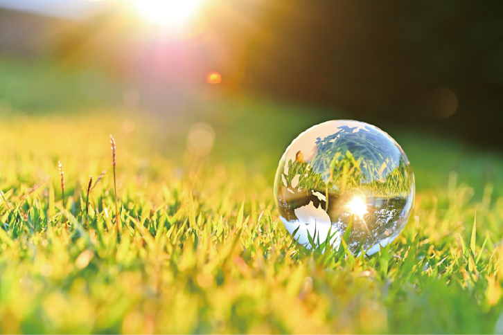 【環境】のイメージ_芝の上に透明な球体が置いてある様子
