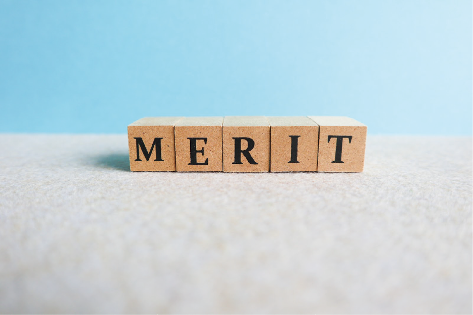 【MERIT】のイメージ_MERITの文字がプリントされた木製ブロック